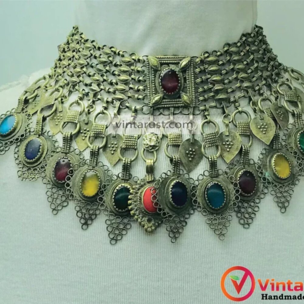 Vintage Gypsy Necklace, Bohemian Statement Necklace, Tribal Multicolor Necklace,